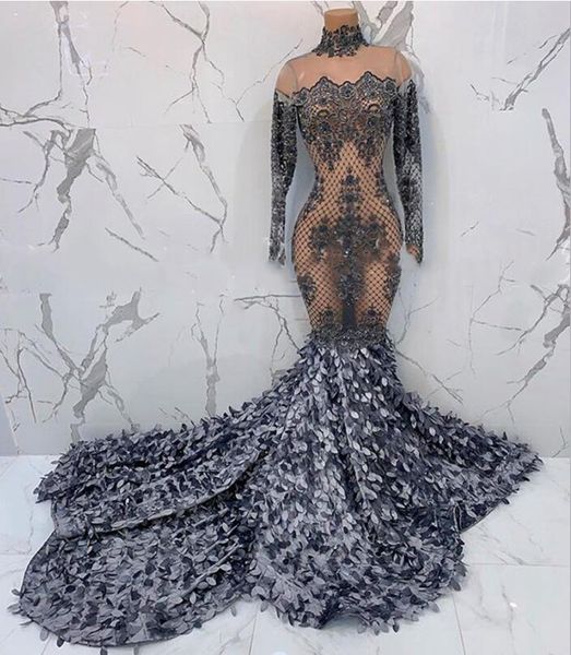 

высокая шея серебро русалка пром вечерние платья 2020 роскошные длинные рукава 3d цветочный поезд стреловидности африканский вечер pageant п, Black;red