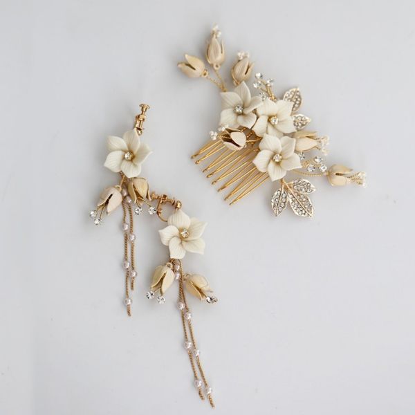 

jonnafe pearls wedding hair jewelry gold porcelain flower bridal comb hair piece handmade women accessories, Golden;white