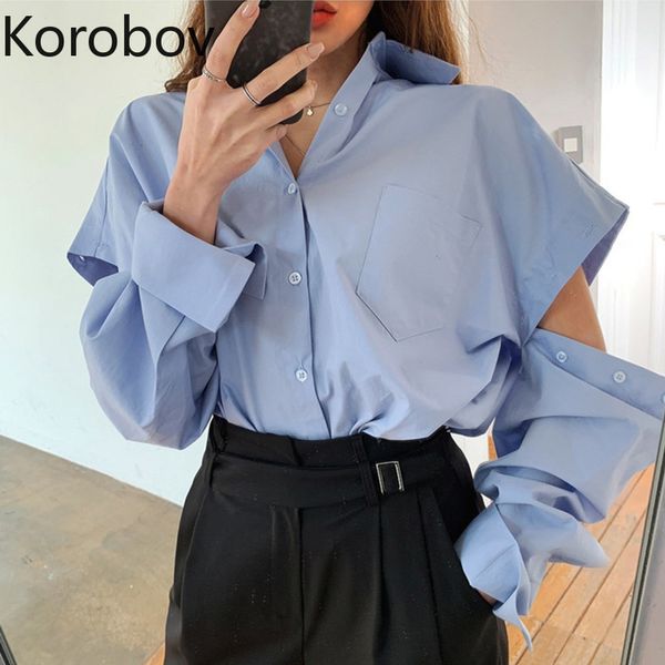

korobov korean fashion streetwear women blouses vintage hollow out long sleeve single breasted shirts turn-down collar blusas, White