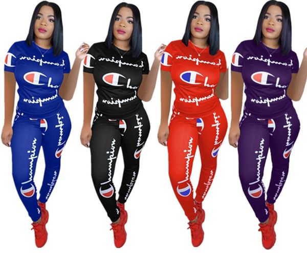

champions women tracksuit sportswear two piece set summer clothes bodycon letter print short sleeve tee pants plus size s-3xl 209, White