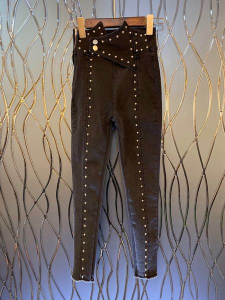 

the new autumn and winter 2019 women's street slim rivet jeans feet 1028, Blue
