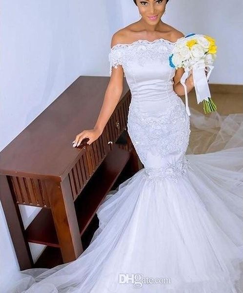

romantic off the shoulder wedding dresses lace appliques black girls mermaid bridal gowns south african wedding vestidos de novia, White