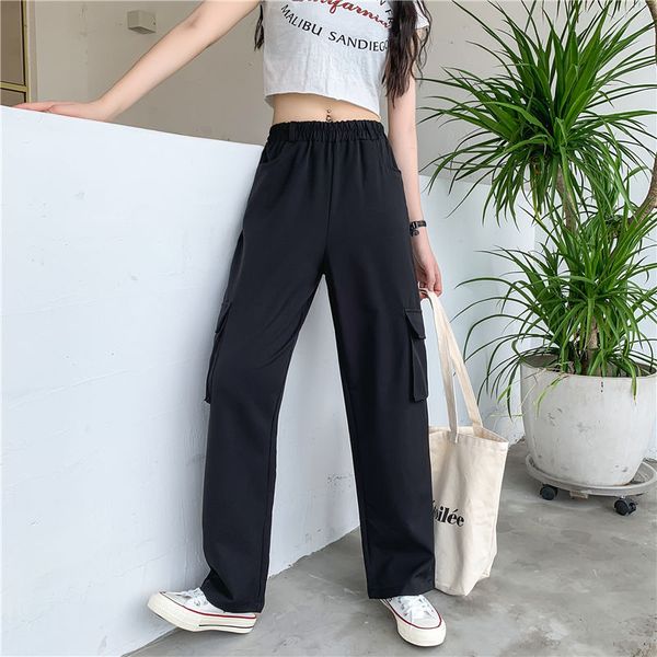 

women's pants & capris 2021 fashion women elegant pocket wide leg drape pleated suit trouser female elastic high waist full-length carg, Black;white