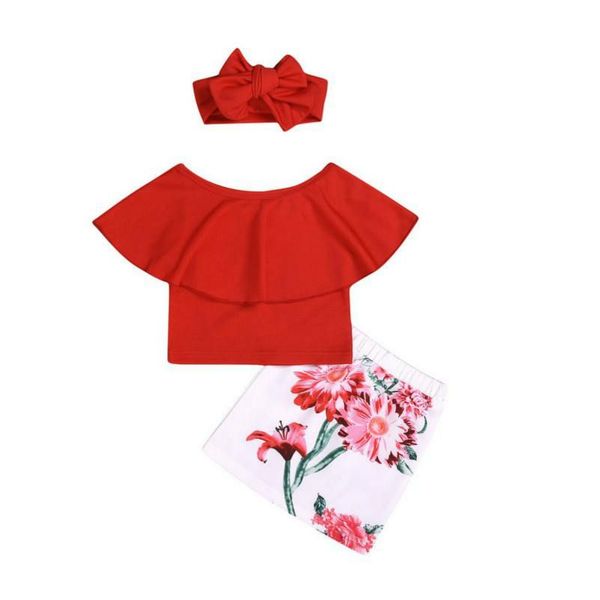 

new red summer lovely kid baby girls clothes red off shoulder +floral skirt+headband outfit clothes children's sets, White