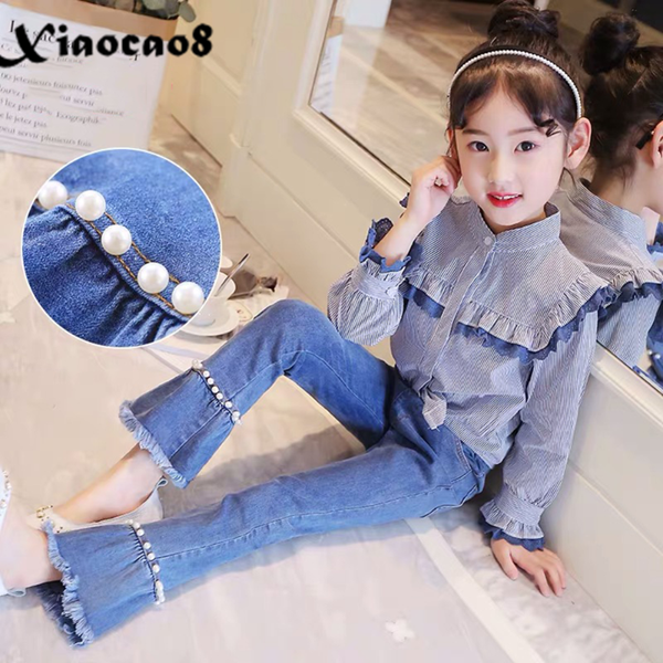

4-14years big girls jeans kids children pockets pearl jeans for girls toddler girl tassel denim pants clothes4 5 6 8 10 12 14, Blue