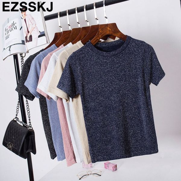 

2019 new summer glitter t shirt women knitted casual short sleeves o-neck shiny t shirt slim kintwear female basic t-shirt, White
