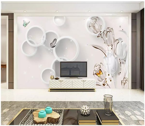 

custom large-scale mural 3d p wallpaper flower tulip 3d simple three-dimensional circle butterfly love flower background wall