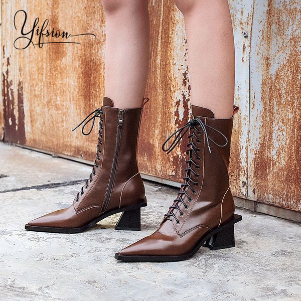 

yifsion new genuine leather pointed toe women boots cross tied thick mid heel women autumn winter boots shoes, Black