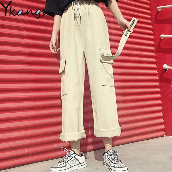 

big pocket high waist khaki black cargo pants women hip hop joggers female punk trousers ladies pants harajuku baggy women, Black;white