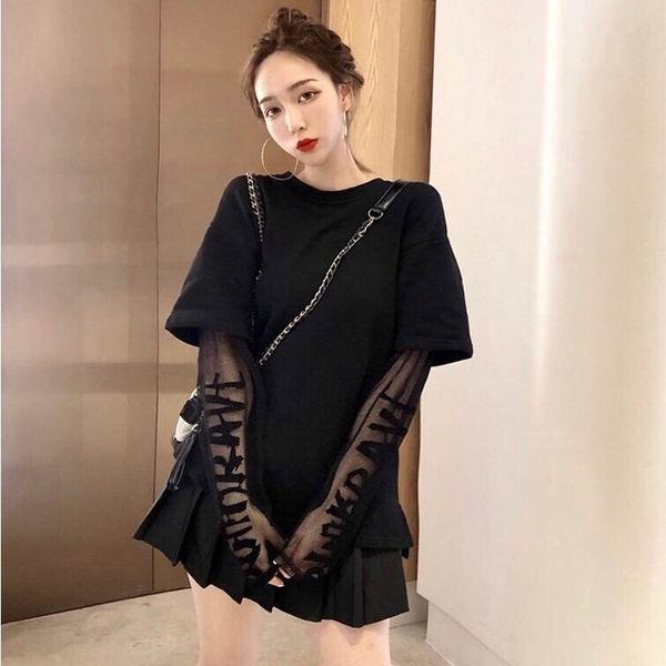 

mesh stitching women long sleeve tees 2020 fashion ladies see through t shirt female slim tight black t shirt, White