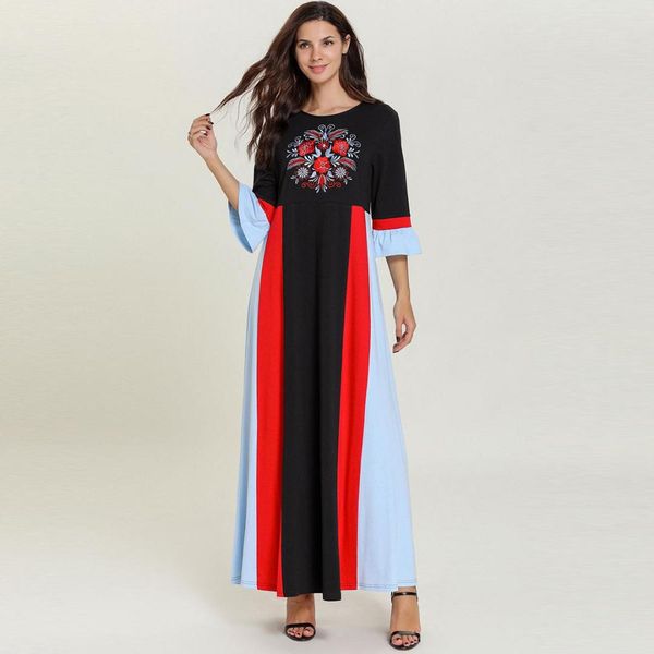 

summer ethnic contrast color block women muslim dress plus size embroidery abaya islamic dubai arabic moroccan uae robe vkdr1681, Red