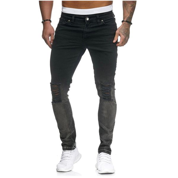 

2019 men jeans fashion men casual slim fit straight high stretch feet skinny jeans male gradient elastic skinny denim trousers, Blue