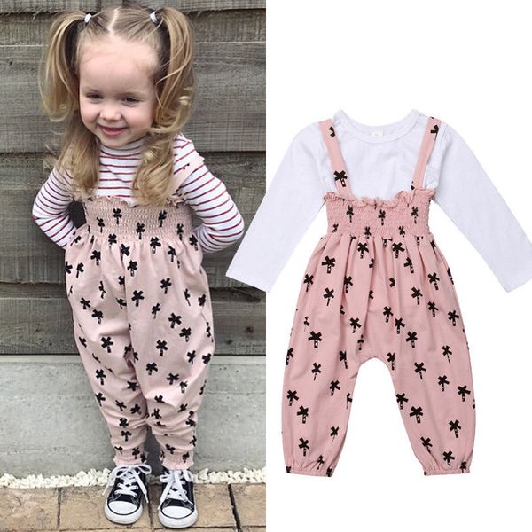 

1-6y cute pretty toddler kids baby girls clothes 2pcs long sleeve pullover white t-shirts +print overall pants
