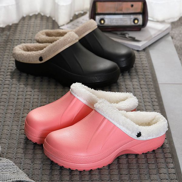 

winter warm fur lined women fur slippers home shoes men solid color home waterproof indoor and outdoor garden shoes#50, Black