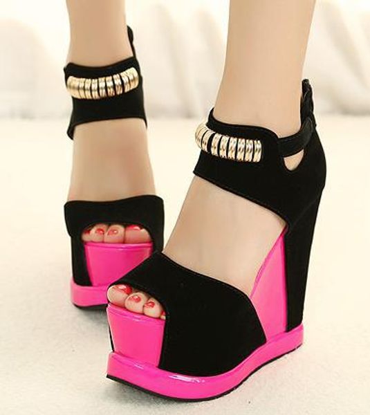 

black with deep pink colorful high heels comfortable dress shoes peep toe wedges