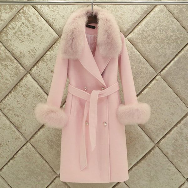 

fox fur collar real шуба женский шерстяной куртки осень зима пальто женщин одежда 2020 корейский vintage длинные шерстяные пальто zt5067, Black