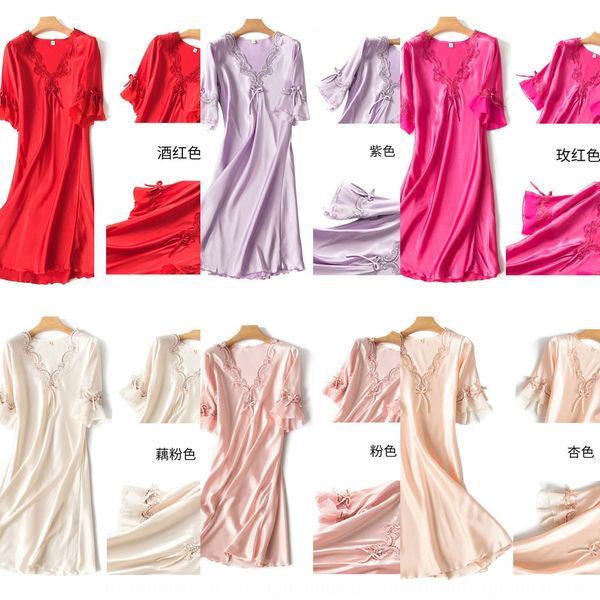 

iztm8 imitation home clothes simulation pajamas loose large size pajamas silk ice silk nightdress medium skirt embroidered skirt home c, Blue;red