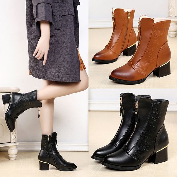 

plus size women's snow boots high heel short booties pointed side zipper ladies keep warm leather boot fashion wild shoes lady, Black