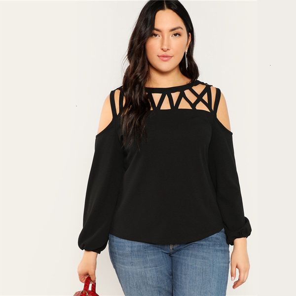

woman black blouse black cut out cold shoulder lantern sleeve plus size blouse 2019 spring casual solid blouses 3, White