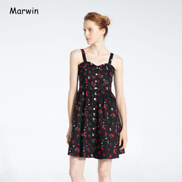 

marwin 2019 новый-предстоящее лето женщин спагетти ремень цветочный печати без рукавов империи пляжные платья высокая улица стиль, Black;gray
