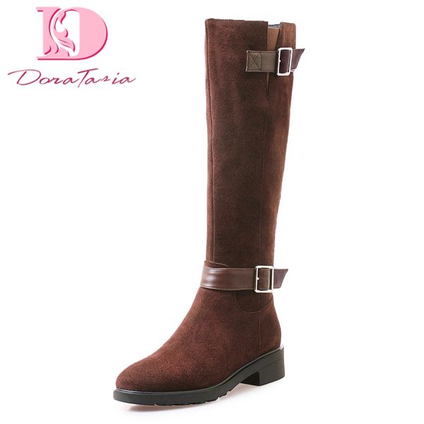 

doratasia 2018 cow suede leather large size 34-40 fashion knee high boots woman shoes zip up winter riding boots woman shoes, Black