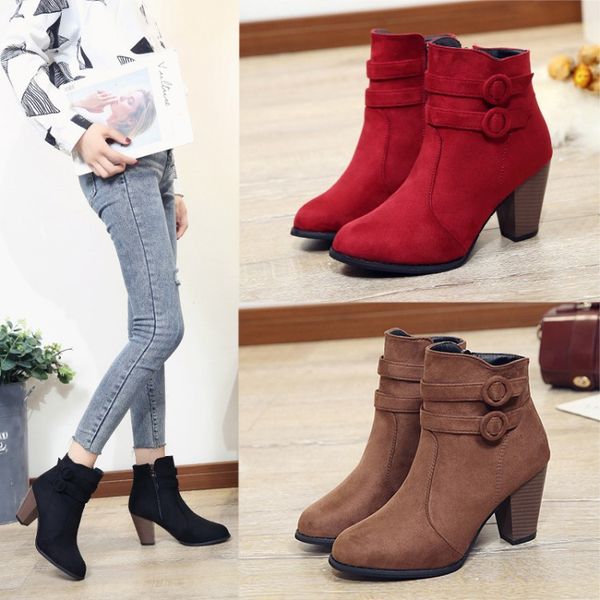 

boots 2021 double buckle woman autumn winter shoes women block heel flock short ankle lady casual, Black