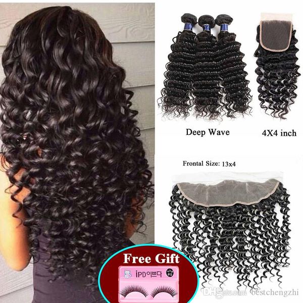

indian deep wave human hair 3 bundles with lace closure brazilian indian virgin hair bundles with frontal hair weave bundles, Black;brown