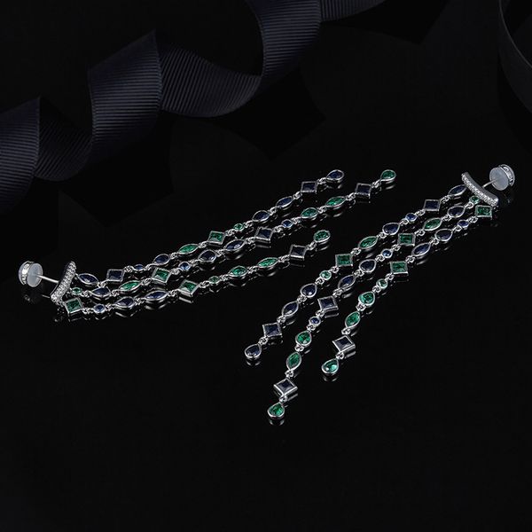 

wholesale-euro-american sterling silver micro-inlaid crystal drill color drill fringed long earrings droplets