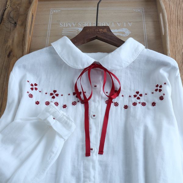 

embroidery literature shirt double layer cotton red ribbon peter pan collar white shirt mori girl