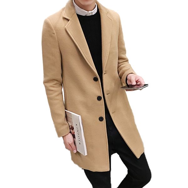 

new fashion boutique pure color high-grade men woolen cloth casual business trench coat mens leisure blends dust coats jackets, Black
