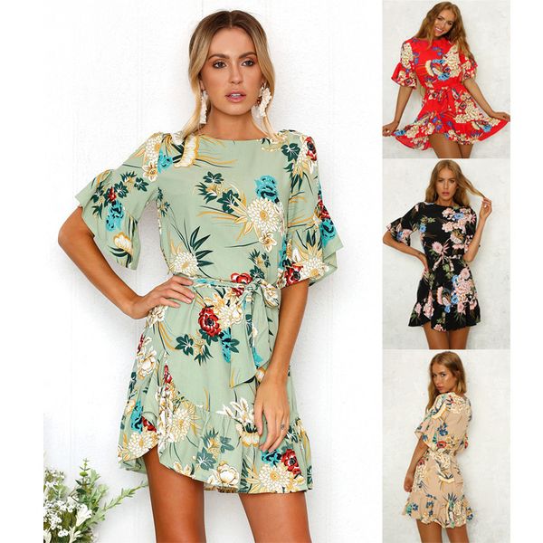 

2020 womens designer dress flounced hem short sleeve lotus leaf print dress belt female europe and america fashion casual 3 color s-xl, Black;gray