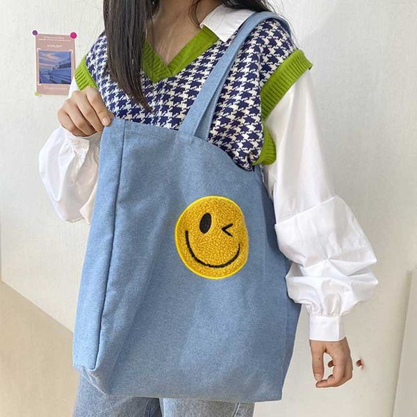 

teenager smile face denim tote bag female eco reusable classical shopper bag women daily leisure casual handle handbag