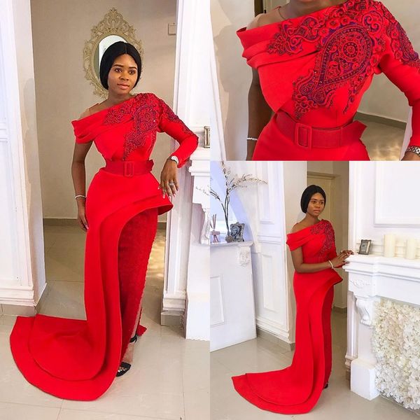 

2020 vintage red long sleeves split side evening dresses one shoulder sheath lace applique runway party dress