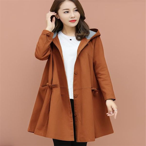 

2019 spring new korean hooded solid coat pockets button high waist adjustable jacket windbreaker womanhc111, Tan;black