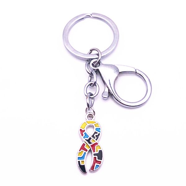 

colorful autism ribbon awareness jigsaw puzzle pieces charm key chain & key ring with big lobster clasp chain jewelry 10pcs, Silver