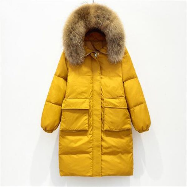 

winter jacket women large real raccoon fur collar white duck down long parkas coat female hooded pockets snow outwear, Black