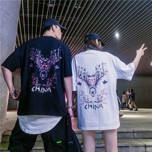 

европейские и американские улицы популярный бренд хип-хоп футболка с коротким рукавом мужские национальные тенденции пара одежда свободные и, White;black