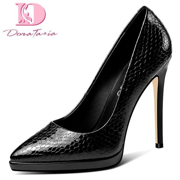 

doratasia 2020 dropship processed leather pointed toe thin high heels skin pumps women shoes woman, Black