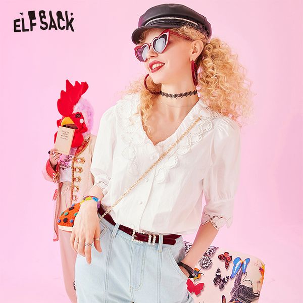 

elf sack elegant white cotton women blouses fashion v-neck solid office lady shirts sleeve basis female blouse