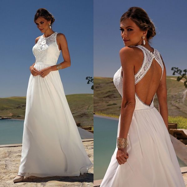 

2019 chiffon beach wedding dresses sleeveless lace backless boho bridal gowns with beads plus size robes de mariÃ©e, White