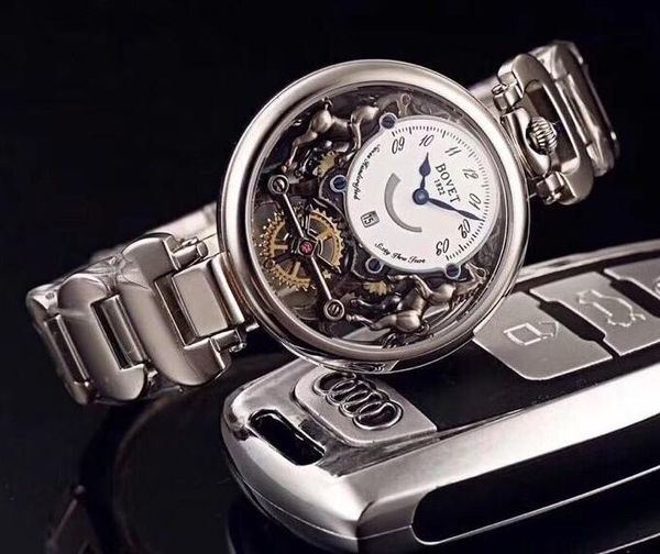 

new bovet amadeo fleurier grand complications virtuoso rose gold skeleton white dial mens watch stainless steel strap watches, Slivery;brown