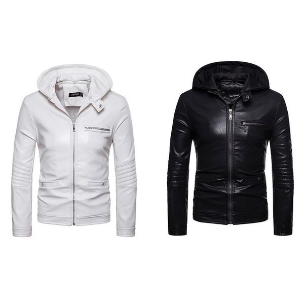 

european and american style men's pu leather hooded jacket autumn casual white black leisure clothes polyester, Black;brown