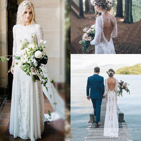 

vintage ivory lace boho beach wedding dresses with champagne lining 2021 illusion long sleeve backless bridal gowns vestidos de novia, White