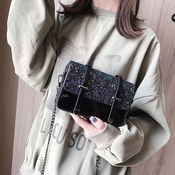 

jiulin texture sequins small square bag new 2019 net red double belt korean version of chic slung chain shoulder bag