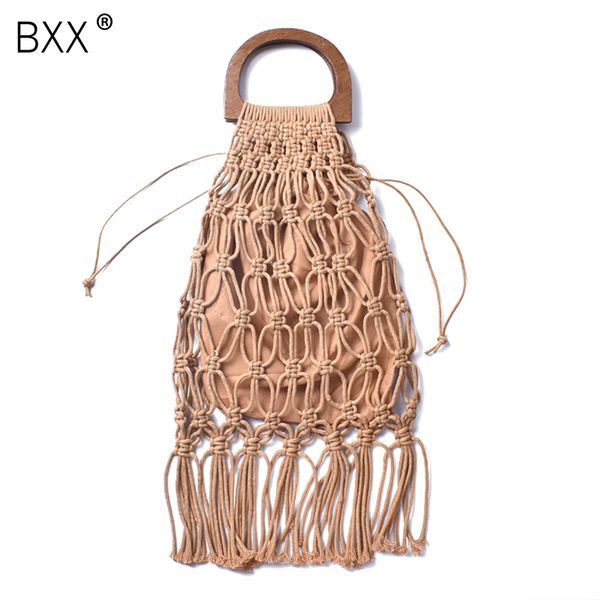 

bxx] ручной деревянной ручкой женские сумки кошельки выдалбливают rope кисточкой пляж сумки женский чистая солома tote вечер сцепления he81