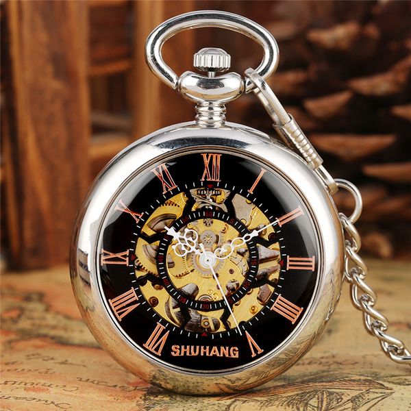 

antique classical hand wind mechanical pocket watch men women skeleton clock roman numerals dial timepiece pendant fob chain gifts souvenir, Slivery;golden