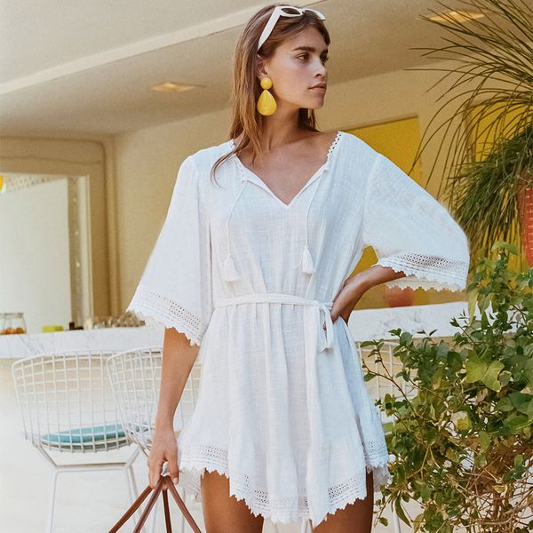 

omkagi solid white cover up tassel design dress sleeve hallow out casual female bathing tunics woman beach swimming cover ups, Blue;gray
