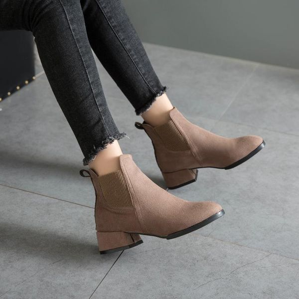 

fashion solid novelty womens boots ankle short round toe low vintage boots square heel flock casual winter big size shoes, Black