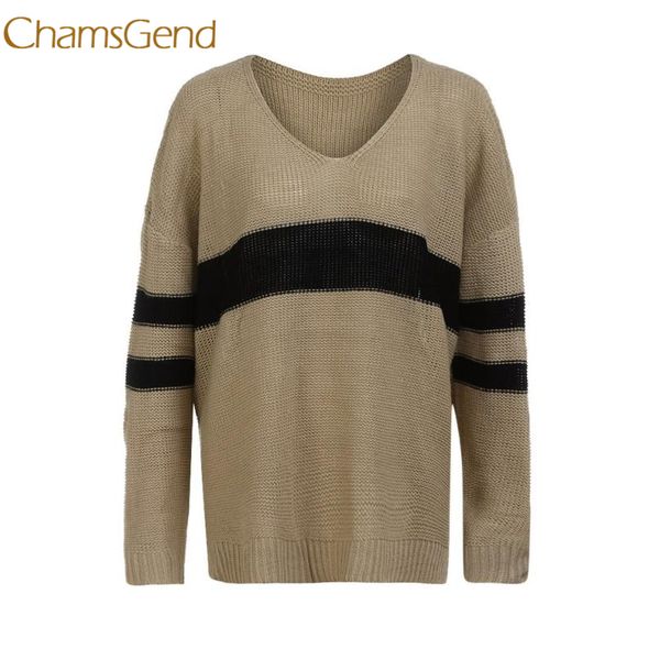 

chamsgend women's sweater plus size stripe long sleeve v neck pullover sweaters blouse l1214, White;black