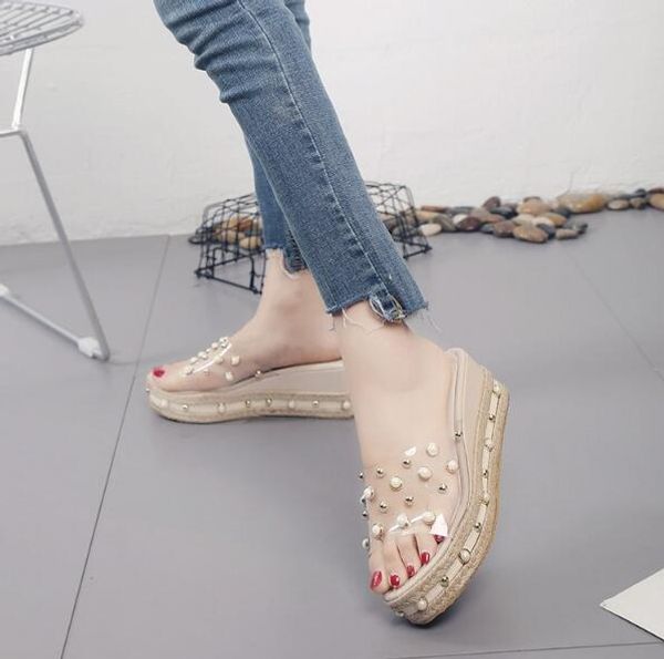 

summer women shoes platform slippers beading shoes wedge beach slope flops slippers women summer fashion c16, Black